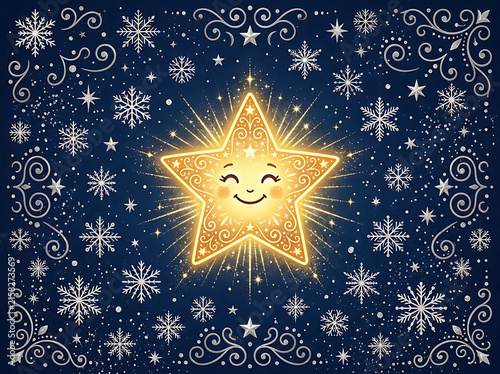 Whimsical Christmas star illustration with snowflakes on navy blue