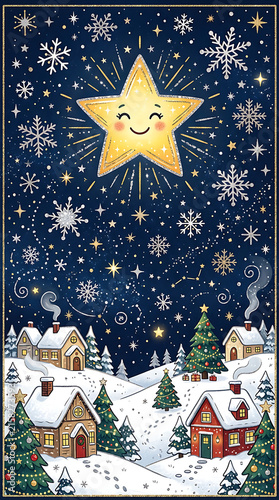 Whimsical Christmas star illustration with snowflakes on navy blue