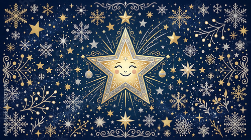 Whimsical Christmas star illustration with snowflakes on navy blue