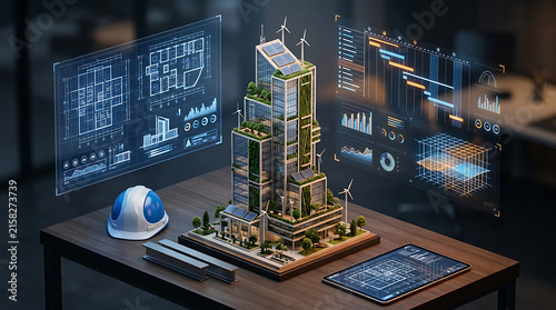 Futuristic eco-friendly skyscraper architectural model with digital blueprints