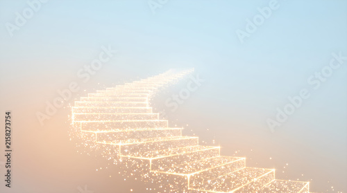 Glowing golden stairway with magical sparkles leading into light blue misty sky