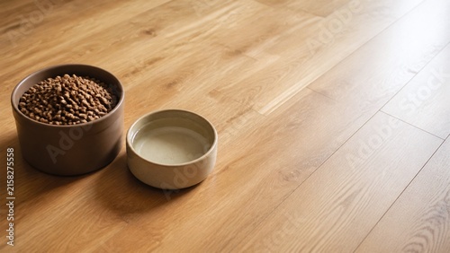 Naklejka ペットフードと水の備蓄 陶器の器と余白のある明るい木の床