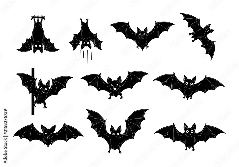 Fototapeta premium Collection of black silhouette bats in various flying and hanging poses for spooky halloween graphic design projects and decorations