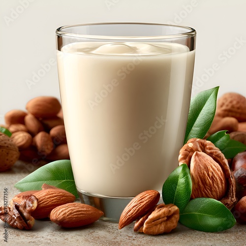 Creamy almond milk in a clear glass surrounded by assorted nuts and green leaves