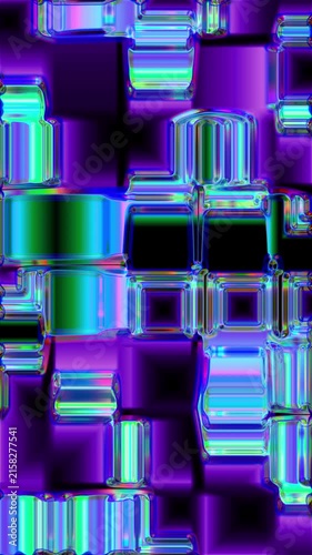 Looping animation of abstract iridescent glass blocks and geometric neon shapes shifting across dark purple background, vertical seamless loop motion graphics
