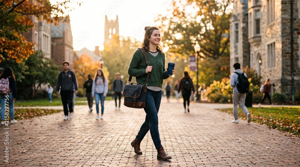 Obraz premium Young woman student walking on university campus brick pathway during autumn sunset.