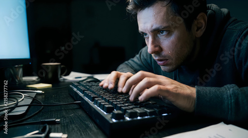Stressed man typing on a computer keyboard in a dark office at night