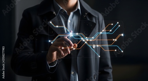 Professional's hand interacting with a glowing digital network interface, illustrating the profound concept of future technology, data connectivity, and innovative solutions for the modern world