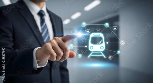 Businessman interacting with smart digital rail transport technology and logistics management interface