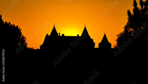 Aerial view of the silhouette of the historic Chateau de Suscinio at sunset, with dark castle towers and turrets set against a vibrant orange sky in Sarzeau, Bretagne, France.