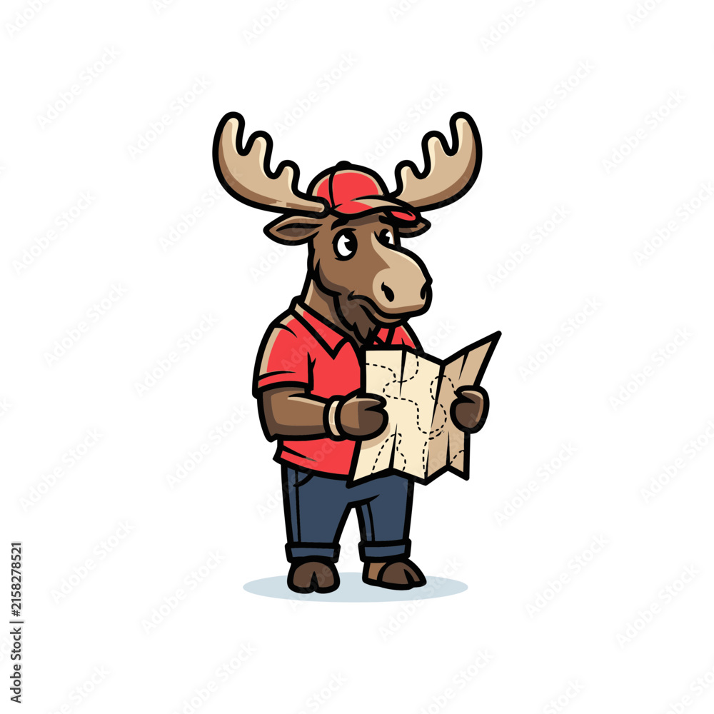 Obraz premium Cute cartoon moose character wearing a red cap and holding a map, representing travel and adventure