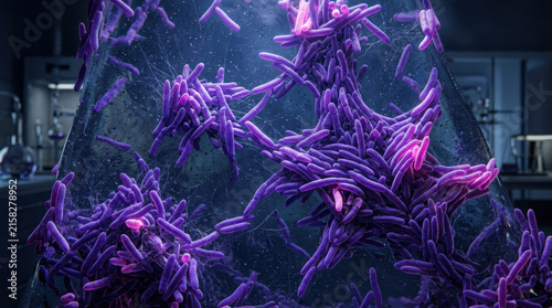 Deep violet rod shaped bacteria clusters growing in transparent laboratory glassware showing microbial proliferation for pharmaceutical scientific study.