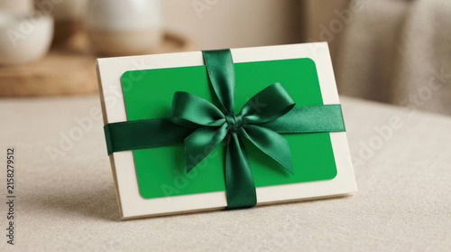 Elegant green gift card attached to cream envelope with matching satin ribbon bow for luxury holiday rewards and shopping voucher promo.