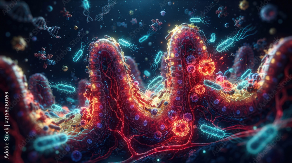 Fototapeta premium Intestinal villi covered in bacteria and pathogens causing inflammation and digestive system illness microscopic view.
