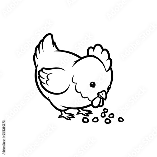 Cute Cartoon Chicken Pecking Grains, Simple Outline Drawing for Coloring Books, Kids' Activities, and Farm Animal Themes. Adorable Hen Illustration for Children.