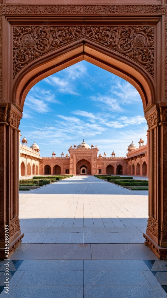 Fototapeta premium Mughal inspired architecture with arches and courtyard in India under warm daylight Generative AI