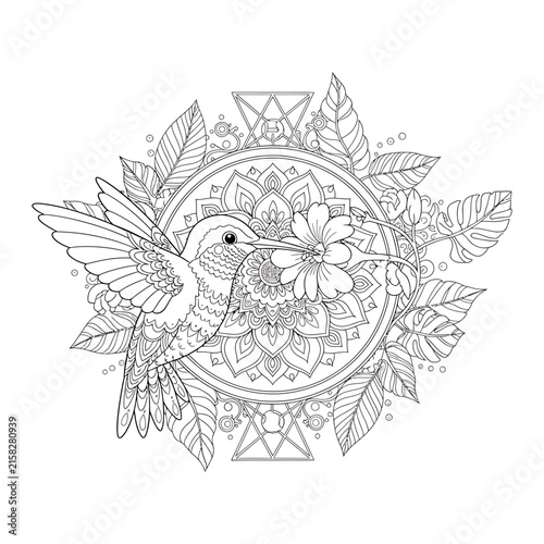 Hummingbird with flower in beak, intricate mandala and leaves, black and white line art for coloring book