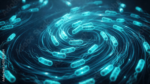 Abstract vortex of blue glowing bacteria with flagella for science and medical backgrounds.