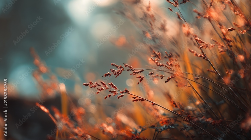 Naklejka premium Wild field grass glows in bright warm sunlight against a soft blue background during a sunset in autumn.