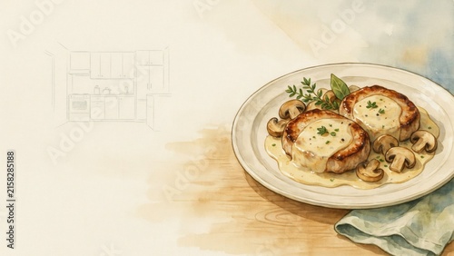 A national dish of Italian cuisine. 
Scaloppine di maiale ai funghi e panna — a dish made with juicy pork chops served with a delicate creamy mushroom sauce. Photo with space for text. 