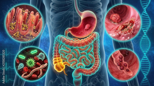 Comprehensive medical overview of intestinal pathology showing villi and bacterial flora with colonic lesions and helminth infections for clinical.