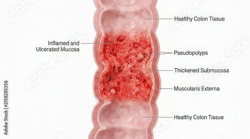 Cross section view of internal colon wall showing severe inflammation and ulcerated mucosa with pseudopolyps for pathology medical assessment.