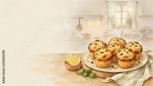 A national dish of Italian cuisine. 
Sformatini di pesce is a traditional appetizer in the form of delicate portioned cakes made from fish, eggs, and herbs. Photo with space for text. 