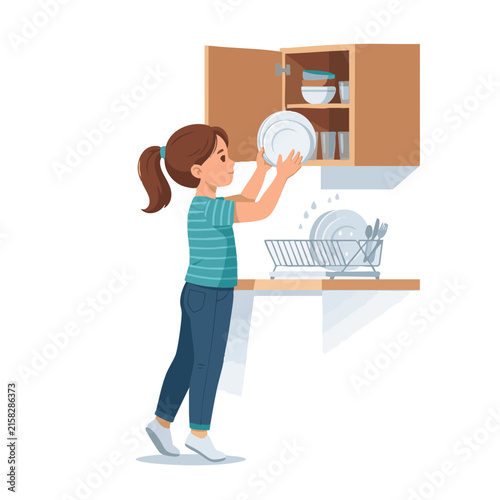 Girl puts away clean dishes in a kitchen cabinet during the day