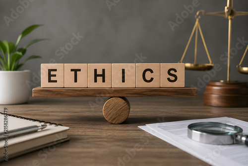 Wooden blocks with the word ETHICS balanced on a seesaw representing moral principles, integrity, fairness, and professional responsibility
