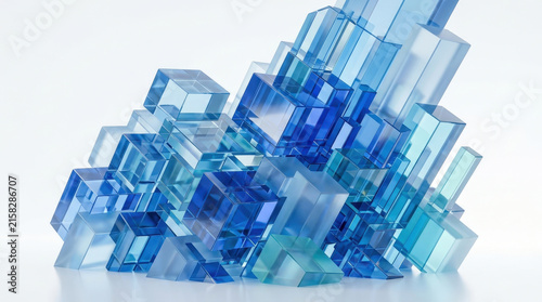 Abstract composition featuring cluster of transparent blue glass cubes layered in geometric formation for digital design and modern graphic art theme.