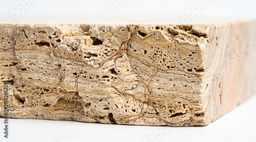 Travertine slab edge with layered porous texture and warm beige veining