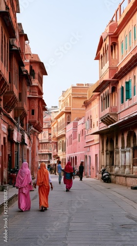 Exploring traditional streets in Jaipur with local residents in colorful clothing Generative AI