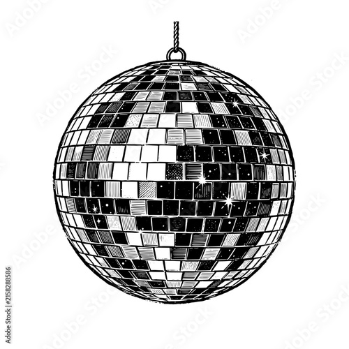 A sparkling retro disco ball hanging from a string  Hand-drawn vintage engraving illustration