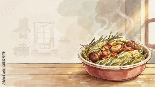 A national dish of Italian cuisine. 
Cavolo verza con castagne e pancetta — a dish made from stewed Savoy cabbage with chestnuts and pancetta. Photo with space for text. 