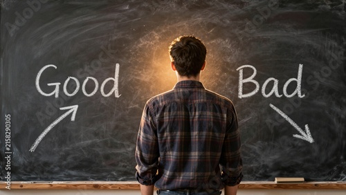 A person stands before a chalkboard with the words 'Good' and 'Bad' written on it, symbolizing decision-making.