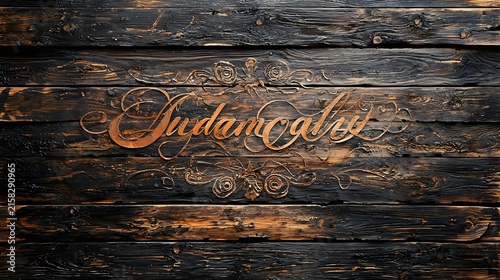 Wooden typography photo with ornate signboard and vintage script photo