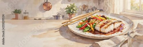 A national dish of Italian cuisine. 
Pesce all'orientale is an Italian dish made with fish, vegetables, and soy sauce, prepared in an Asian style. A banner with space for text. 