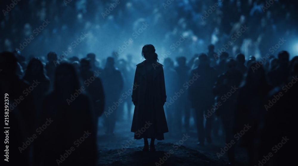 Fototapeta premium Mysterious Silhouette of a Lone Woman Standing Still in a Dense Dark Crowd with Cinematic Blue Lighting and Foggy Atmosphere