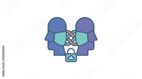 Secure masked communication icon with knotted connection and lock.