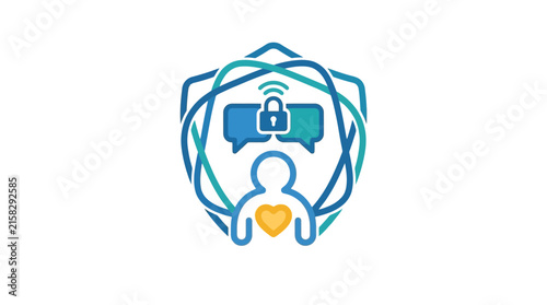 Secure messaging icon with shield and signal symbols.