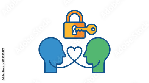 Secure relationship concept with lock and connected profile silhouettes.