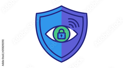 Secure monitoring shield with eye and signal waves.