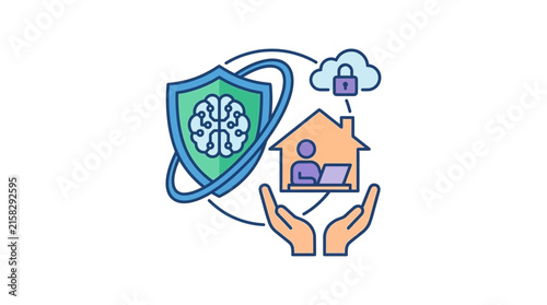 Security icons protecting remote home office and digital brain.