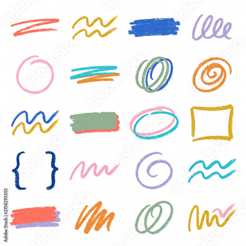 Crayon drawn attention symbols and doodle emphasis marks collection. Hand drawn sparkle bursts, comic rays, sketch highlight signs. Colorful Crayon Emphasis and Doodle Symbol Collection. Generative AI