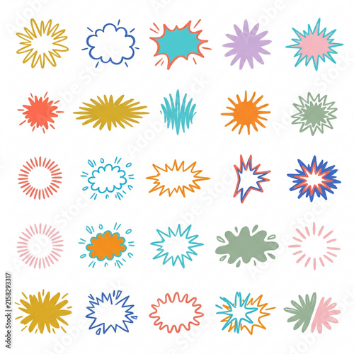 Crayon drawn attention symbols and doodle emphasis marks collection. Hand drawn sparkle bursts, comic rays, sketch highlight signs. Colorful Crayon Emphasis and Doodle Symbol Collection. Generative AI