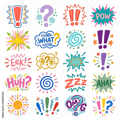 Crayon drawn attention symbols and doodle emphasis marks collection. Hand drawn sparkle bursts, comic rays, sketch highlight signs. Colorful Crayon Emphasis and Doodle Symbol Collection. Generative AI
