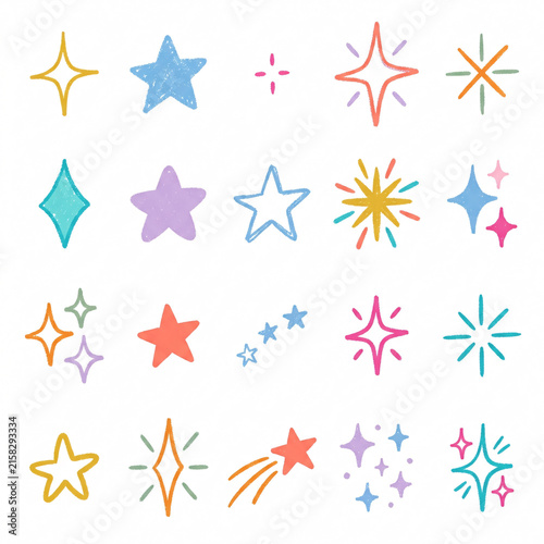 Crayon drawn attention symbols and doodle emphasis marks collection. Hand drawn sparkle bursts, comic rays, sketch highlight signs. Colorful Crayon Emphasis and Doodle Symbol Collection. Generative AI