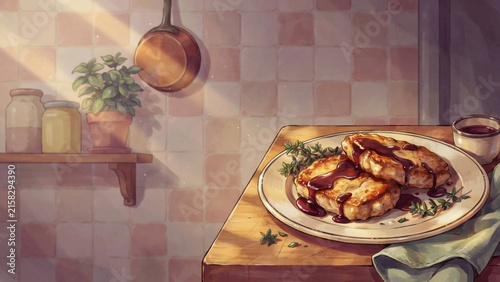 A national dish of Italian cuisine. 
Polpette di pollo – Chicken cutlets with balsamic vinegar and thyme. Photo with space for text. 