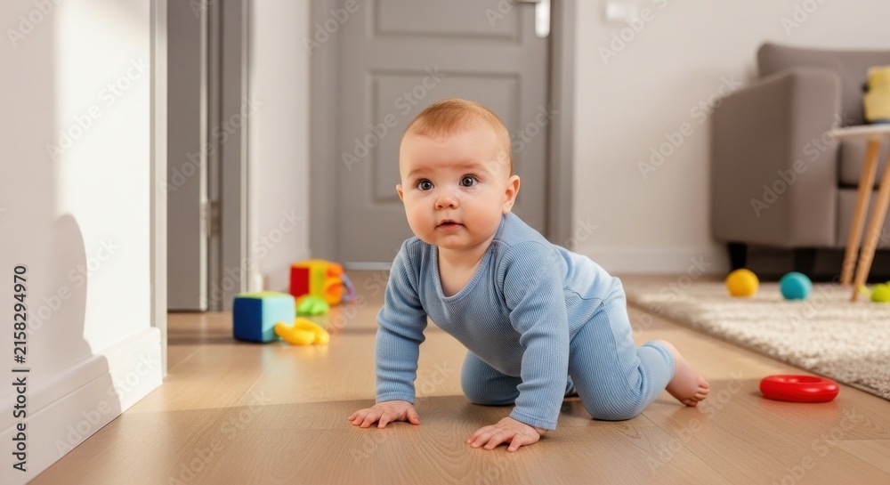 Naklejka premium Baby crawling on wooden floor with colorful toys.