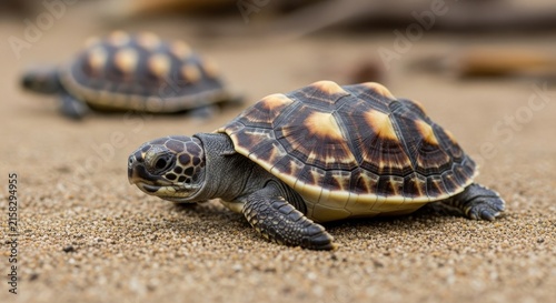 Baby sea turtles crawling on sandy beach at dawn.
